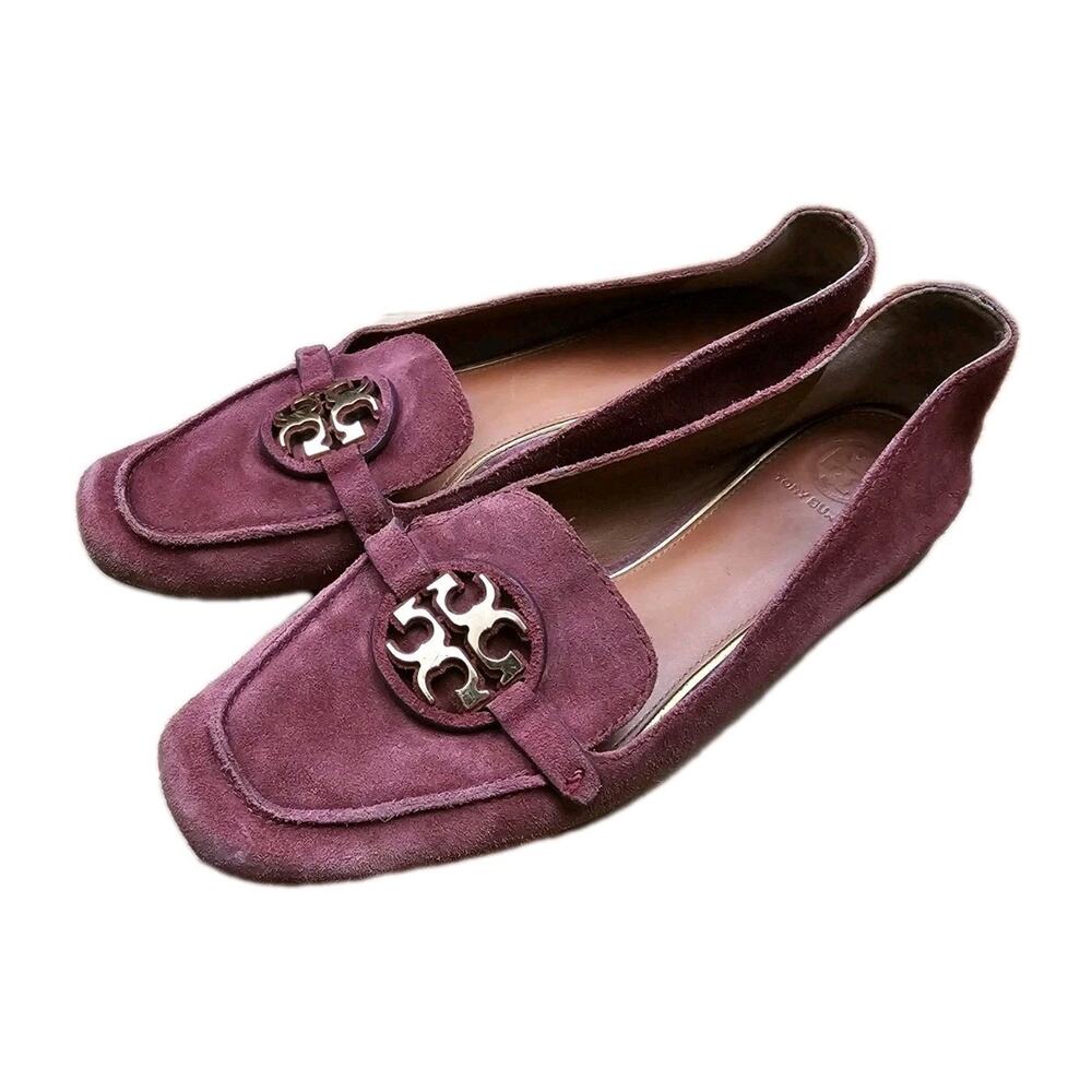 Tory Burch 'Metal Miller' Logo Loafer Burgundy Suede Womens Size 7 Leather